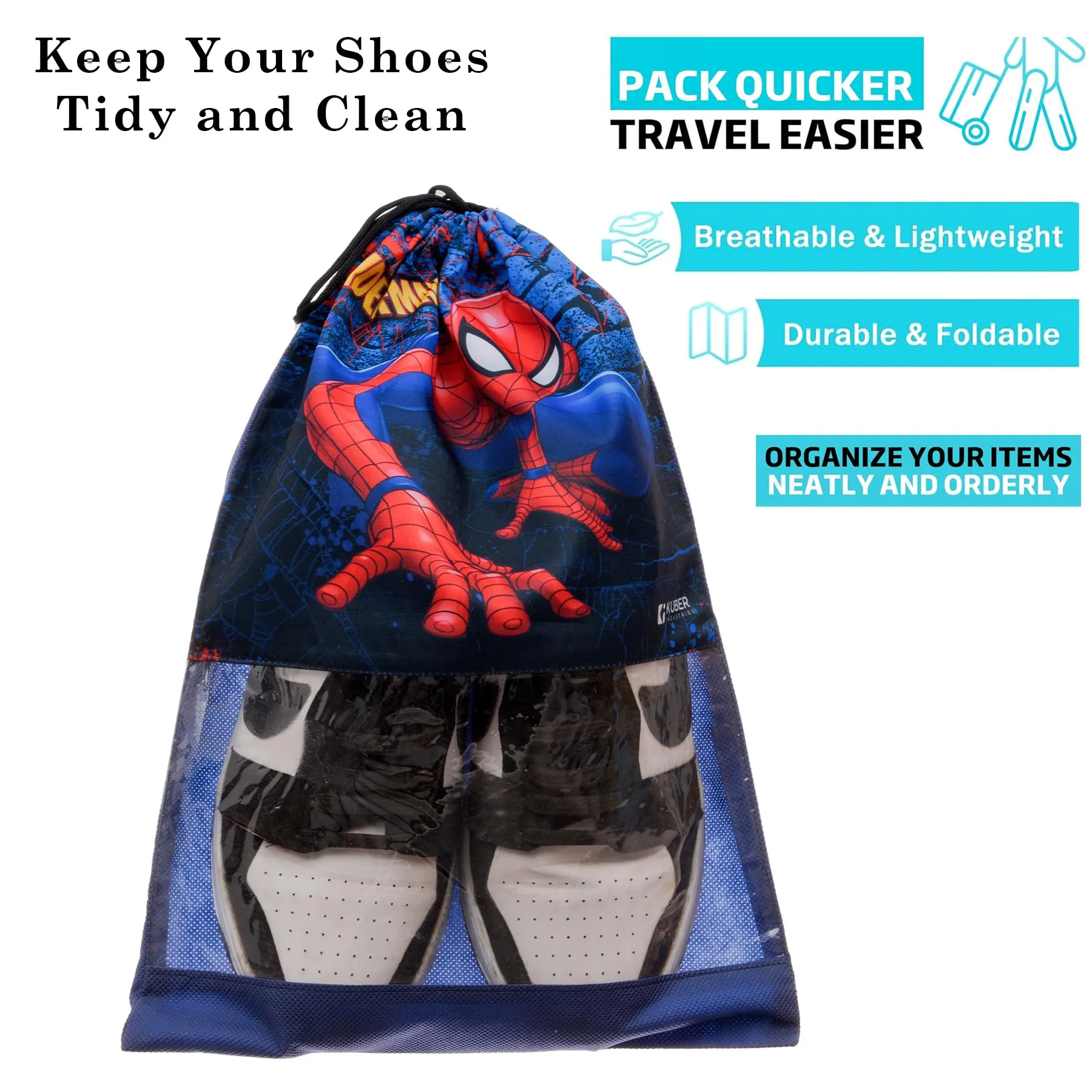 Kuber Industries Marvel Spiderman Shoe Cover | Travel Shoe Storage Bags | Polyester Storage Bag | Drawstring Shoe Cover | Shoe Organizer with Clear Window | Pack of 6 | Navy Blue