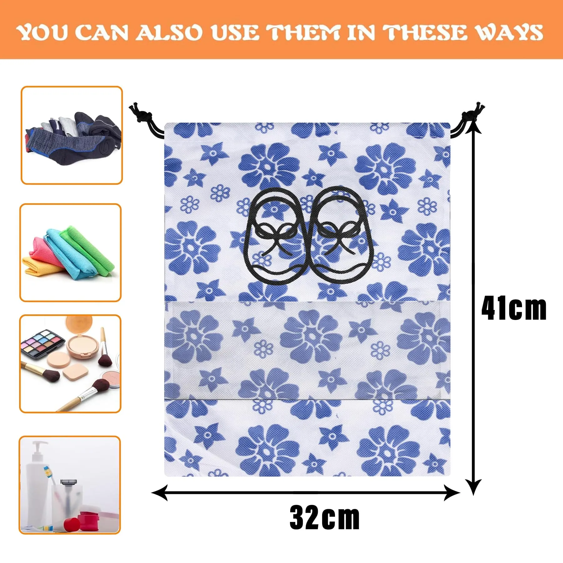 Kuber Industries Shoe Cover | Travel Shoe Storage Bags | Non-Woven Storage Bags | Shoe Cover with Drawstring | Shoe Organizer with Clear Window | Blue Flower-Design | Pack of 6 | White