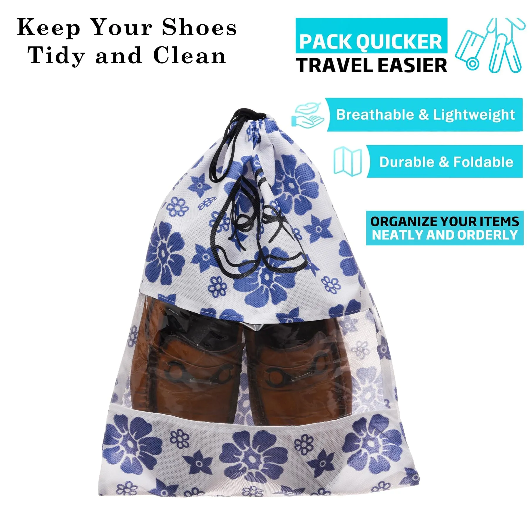 Kuber Industries Shoe Cover | Travel Shoe Storage Bags | Non-Woven Storage Bags | Shoe Cover with Drawstring | Shoe Organizer with Clear Window | Blue Flower-Design | Pack of 6 | White