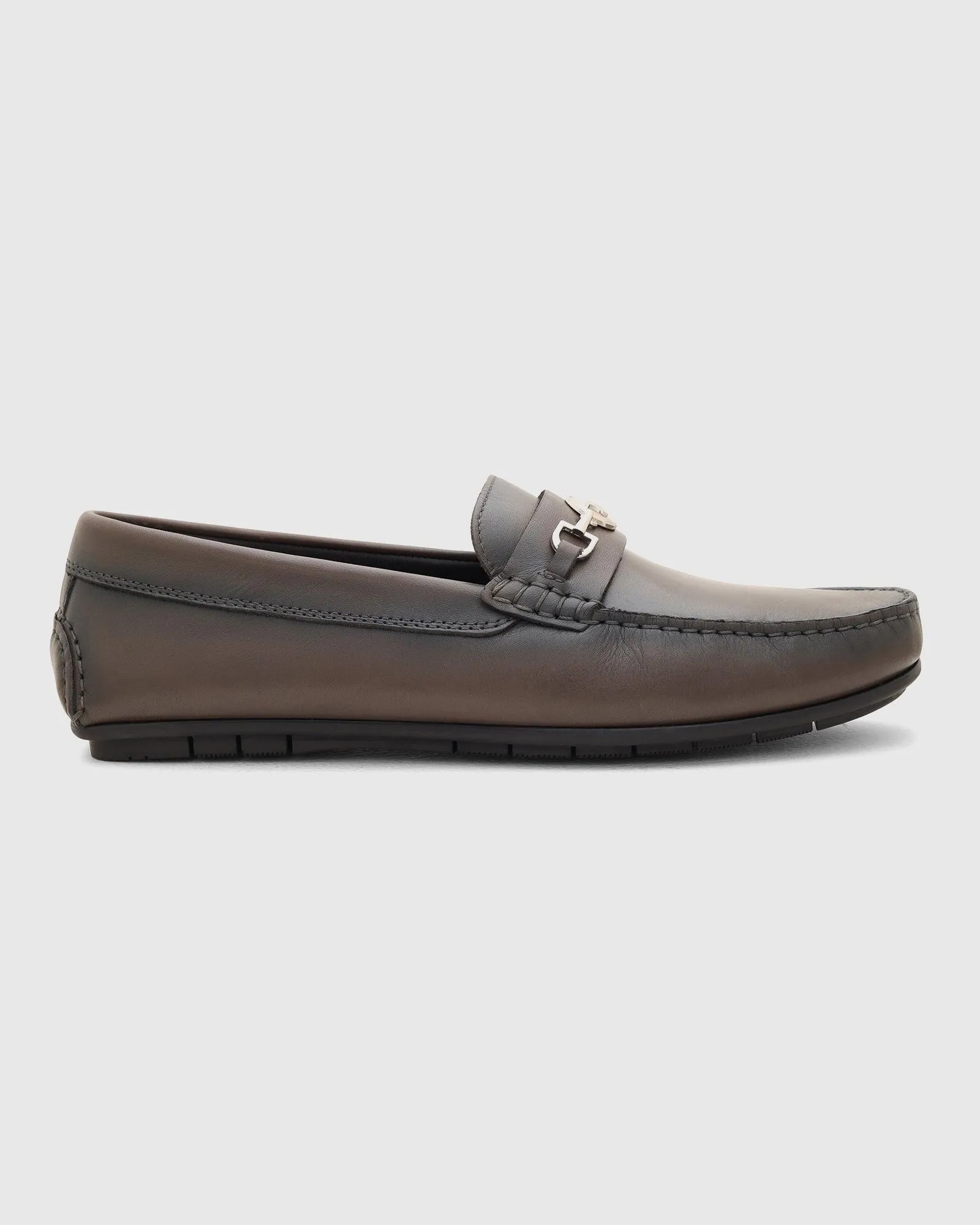 Leather Casual Grey Solid Loafers Shoes - Ring