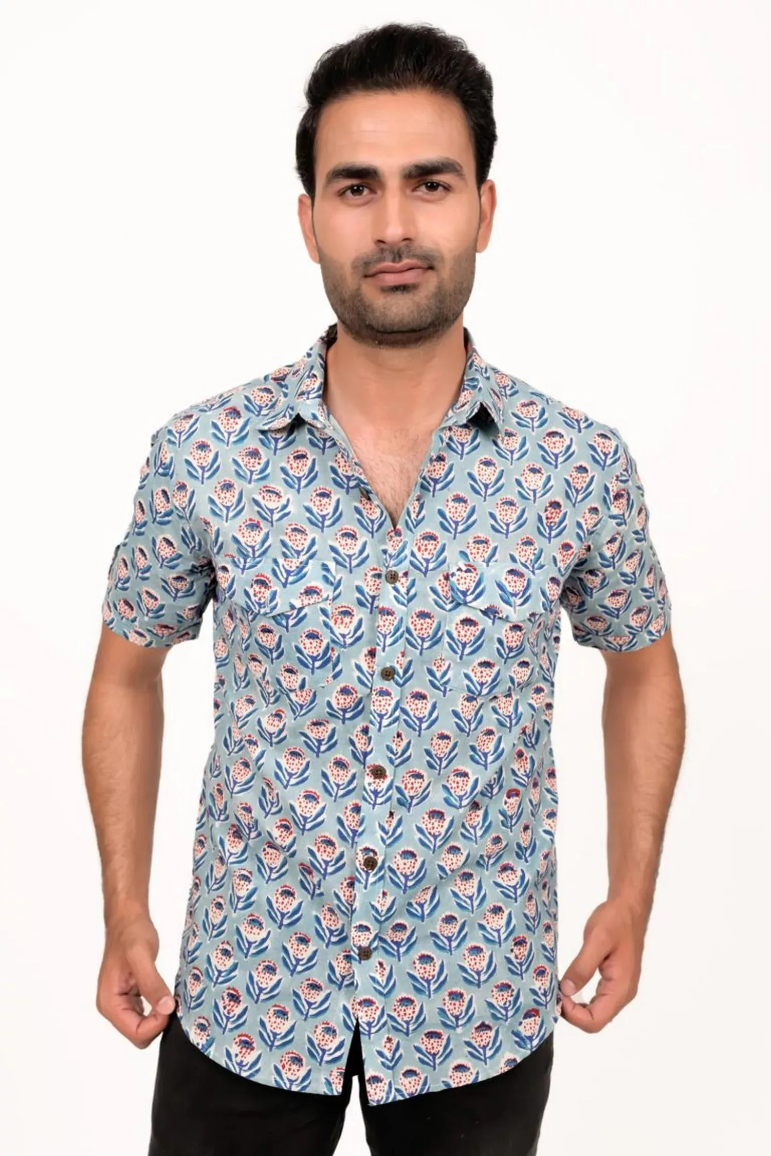 Light Blue Hand Block Printed Half Sleeve Shirt