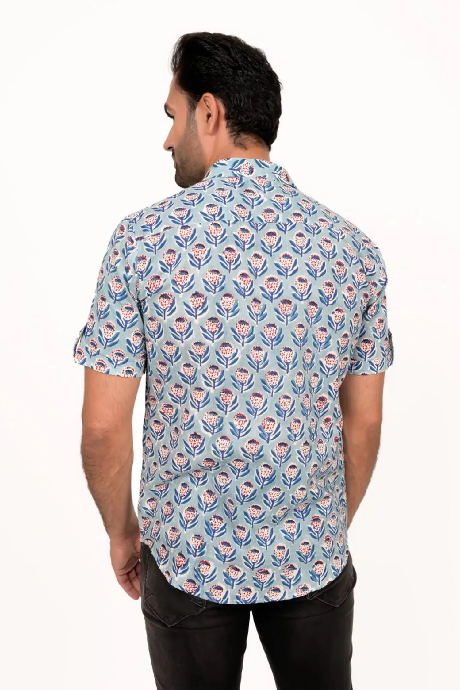 Light Blue Hand Block Printed Half Sleeve Shirt