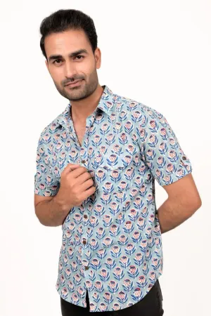 Light Blue Hand Block Printed Half Sleeve Shirt