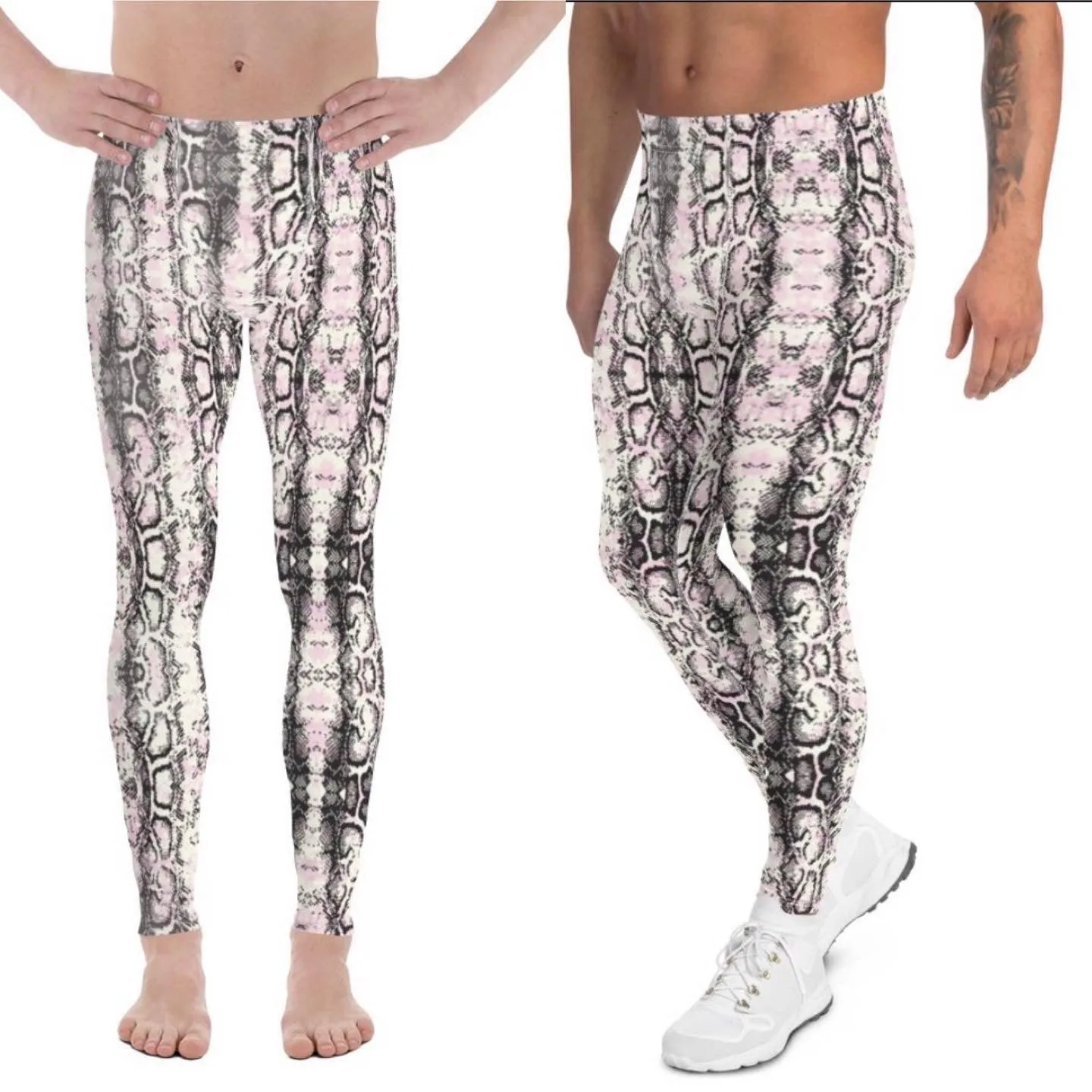 Light Pink Snakeskin Print Meggings, Pale Pink Reptile Python Snake Print Men Tights-Made in USA/EU