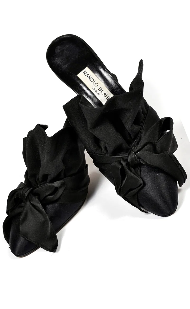 Manolo Blahnik Vintage Shoes Rare 1980s Vintage Black Ruffled Mules