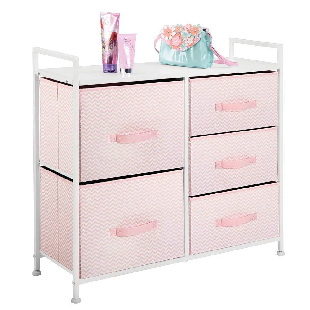 mDesign Wide Dresser Storage Tower Furniture - Metal Frame, Wood Top, Easy Pull Fabric Bins - Organizer for Kid's Bedroom, Hallway, Entryway, Closets, Dorm - Chevron Print, 5 Drawers - Pink/White