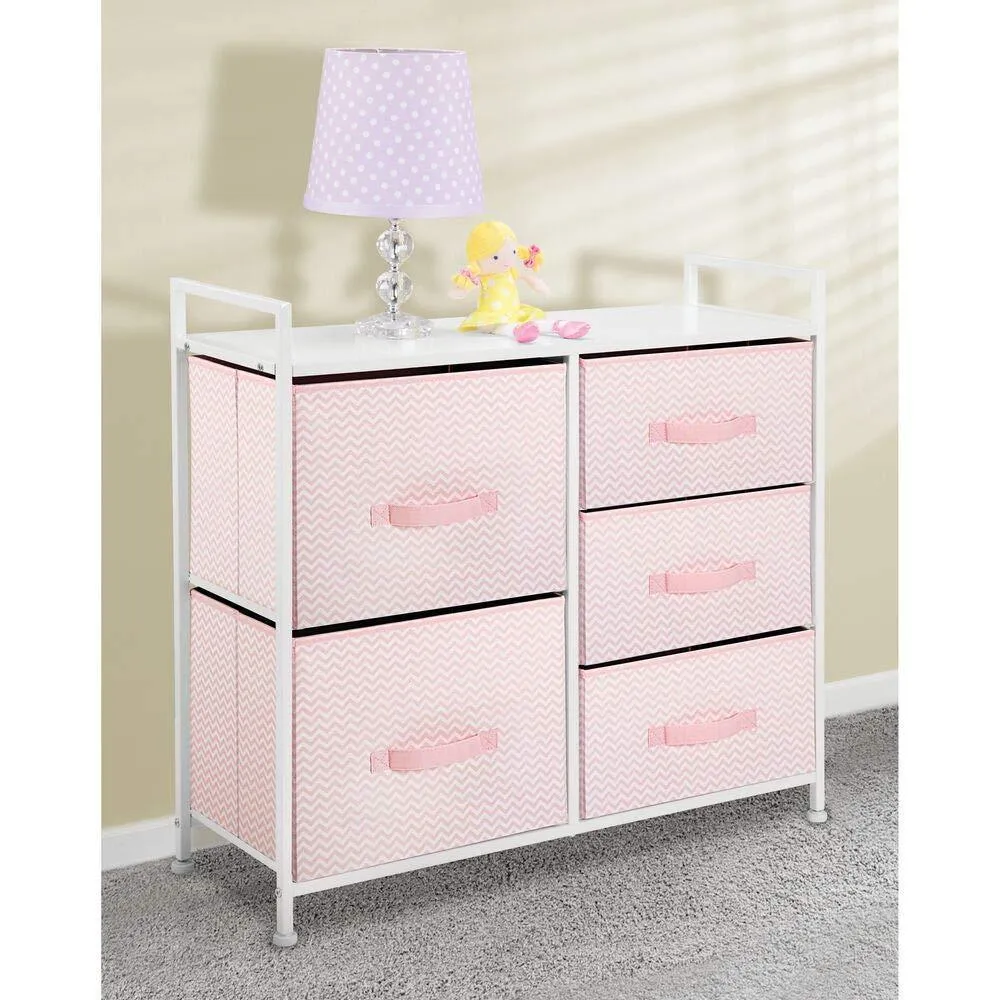 mDesign Wide Dresser Storage Tower Furniture - Metal Frame, Wood Top, Easy Pull Fabric Bins - Organizer for Kid's Bedroom, Hallway, Entryway, Closets, Dorm - Chevron Print, 5 Drawers - Pink/White