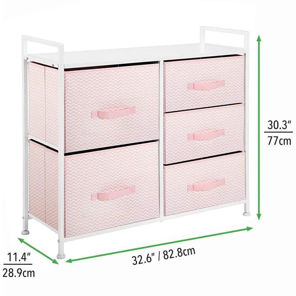 mDesign Wide Dresser Storage Tower Furniture - Metal Frame, Wood Top, Easy Pull Fabric Bins - Organizer for Kid's Bedroom, Hallway, Entryway, Closets, Dorm - Chevron Print, 5 Drawers - Pink/White