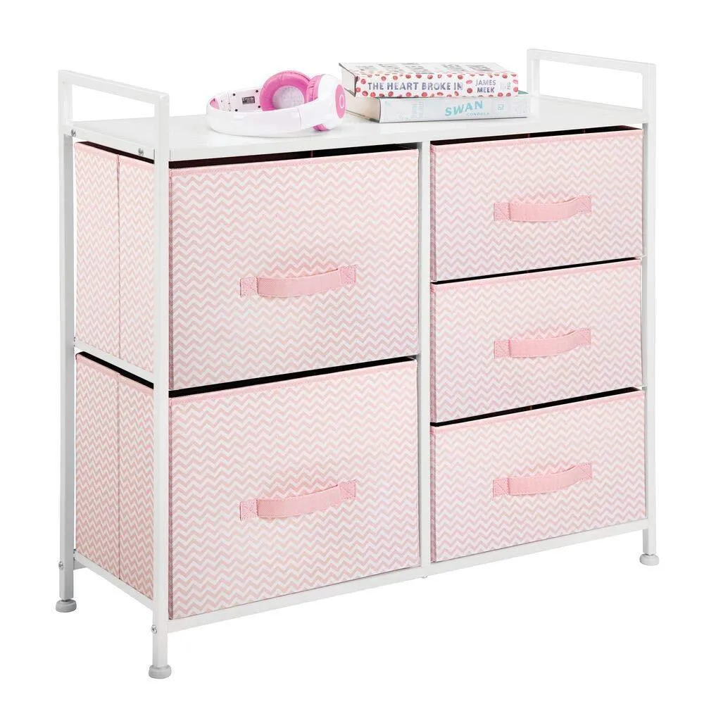 mDesign Wide Dresser Storage Tower Furniture - Metal Frame, Wood Top, Easy Pull Fabric Bins - Organizer for Kid's Bedroom, Hallway, Entryway, Closets, Dorm - Chevron Print, 5 Drawers - Pink/White