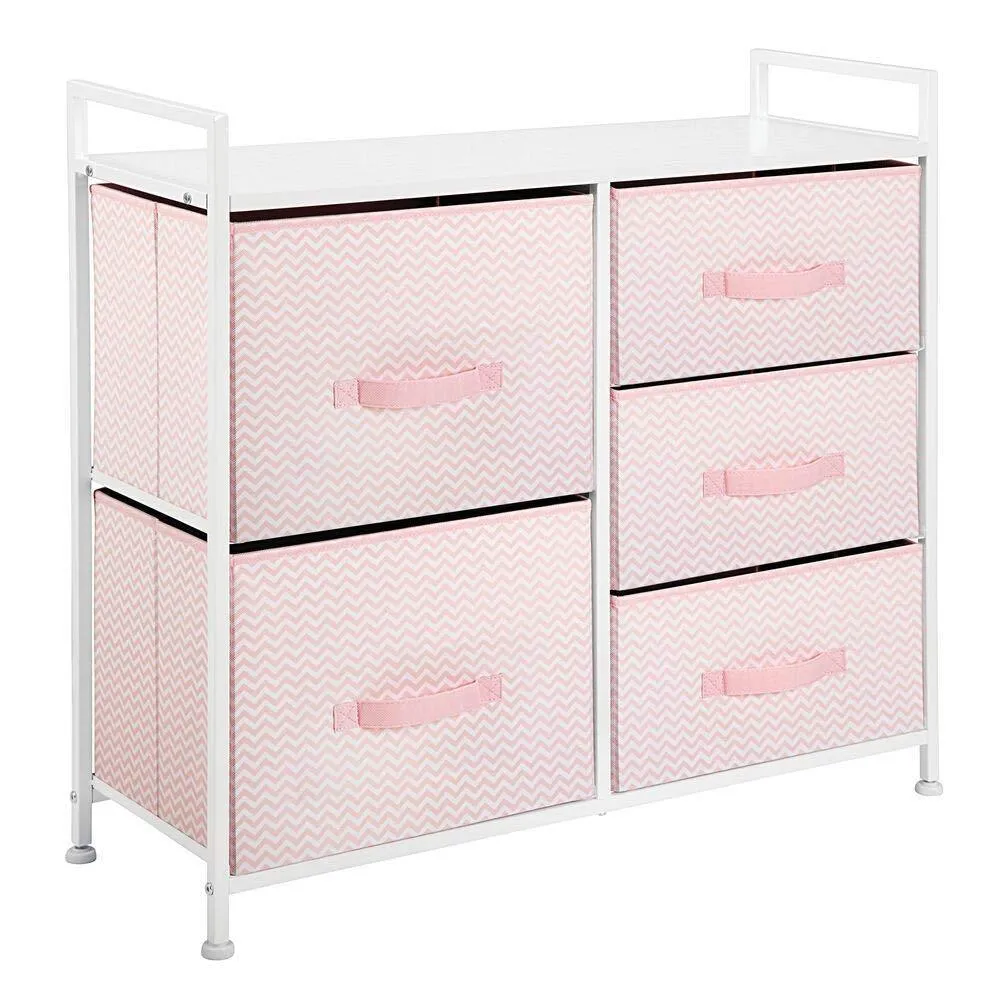 mDesign Wide Dresser Storage Tower Furniture - Metal Frame, Wood Top, Easy Pull Fabric Bins - Organizer for Kid's Bedroom, Hallway, Entryway, Closets, Dorm - Chevron Print, 5 Drawers - Pink/White