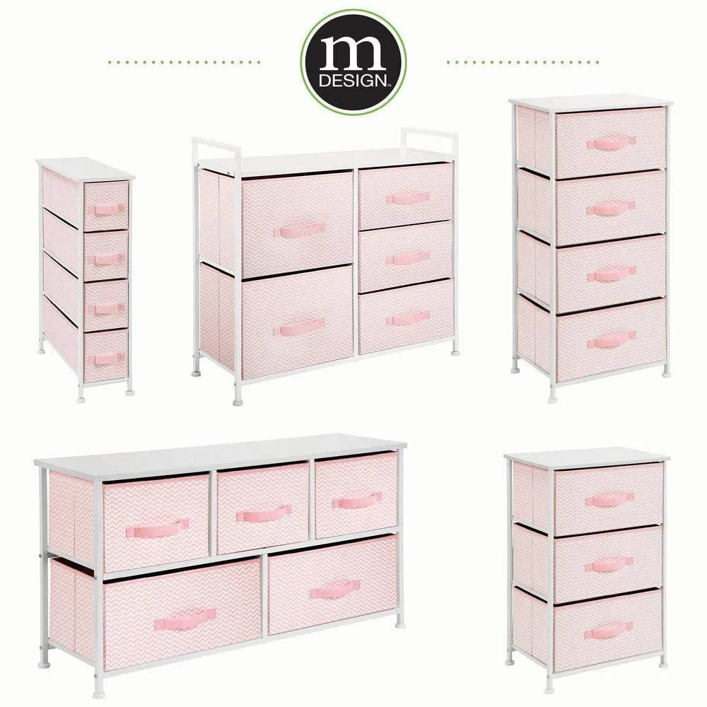 mDesign Wide Dresser Storage Tower Furniture - Metal Frame, Wood Top, Easy Pull Fabric Bins - Organizer for Kid's Bedroom, Hallway, Entryway, Closets, Dorm - Chevron Print, 5 Drawers - Pink/White