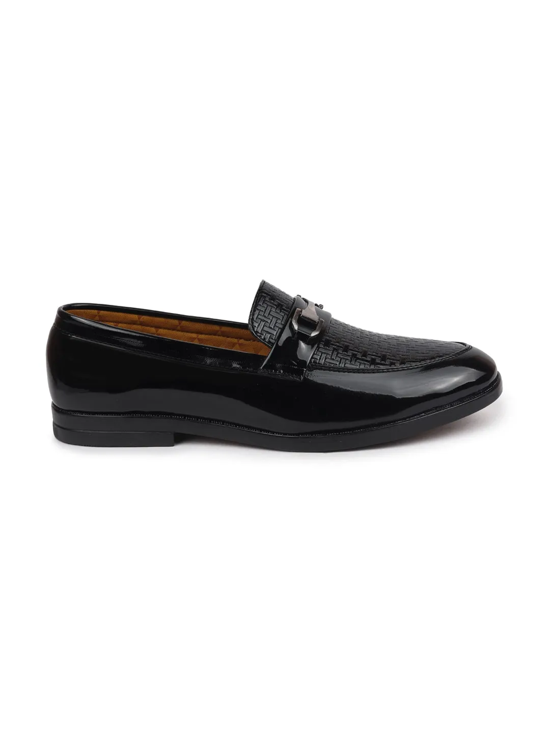 Men Black Patent Leather Party/Formal Horsebit Slip On Shoes with Textured Details