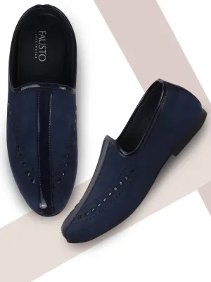 Men Ethnic Navy Blue Designer Party Wear Velvet Loafers