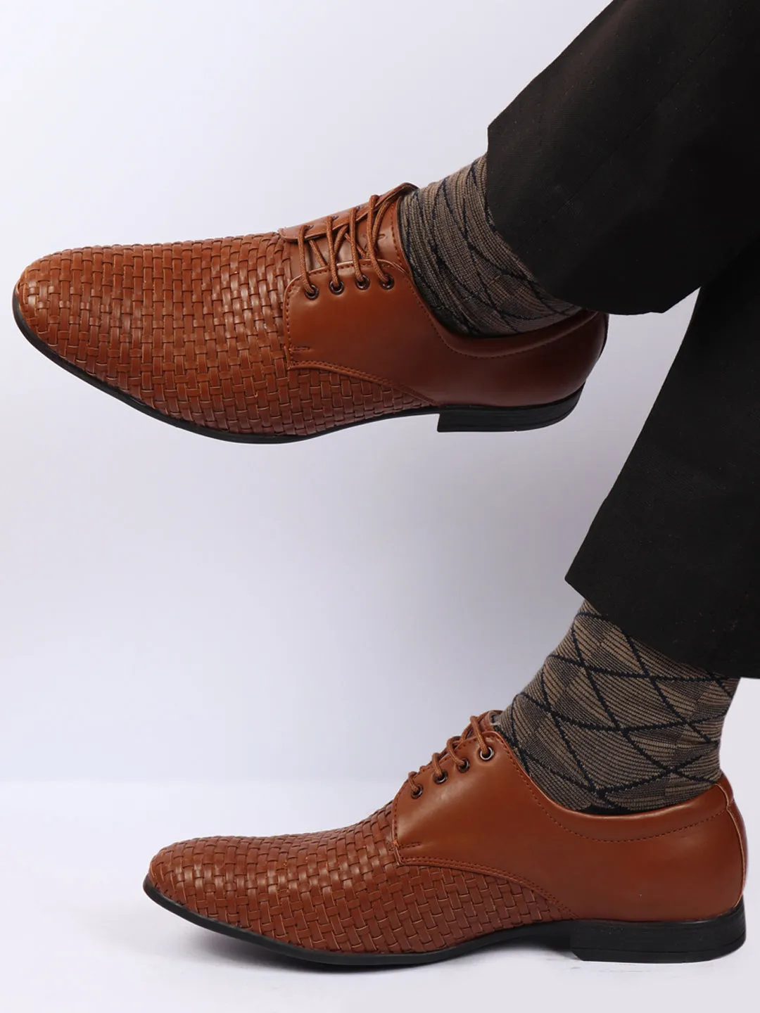 Men Tan Knit Design Formal/Office Lace Up Shoes