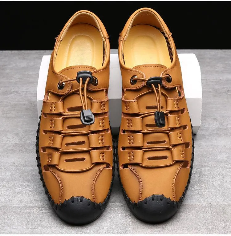 Men's sandals wear soft sole leather hole shoes cowhide casual hollow sandals