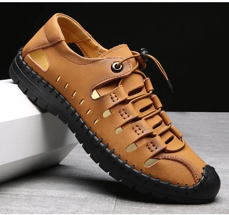 Men's sandals wear soft sole leather hole shoes cowhide casual hollow sandals