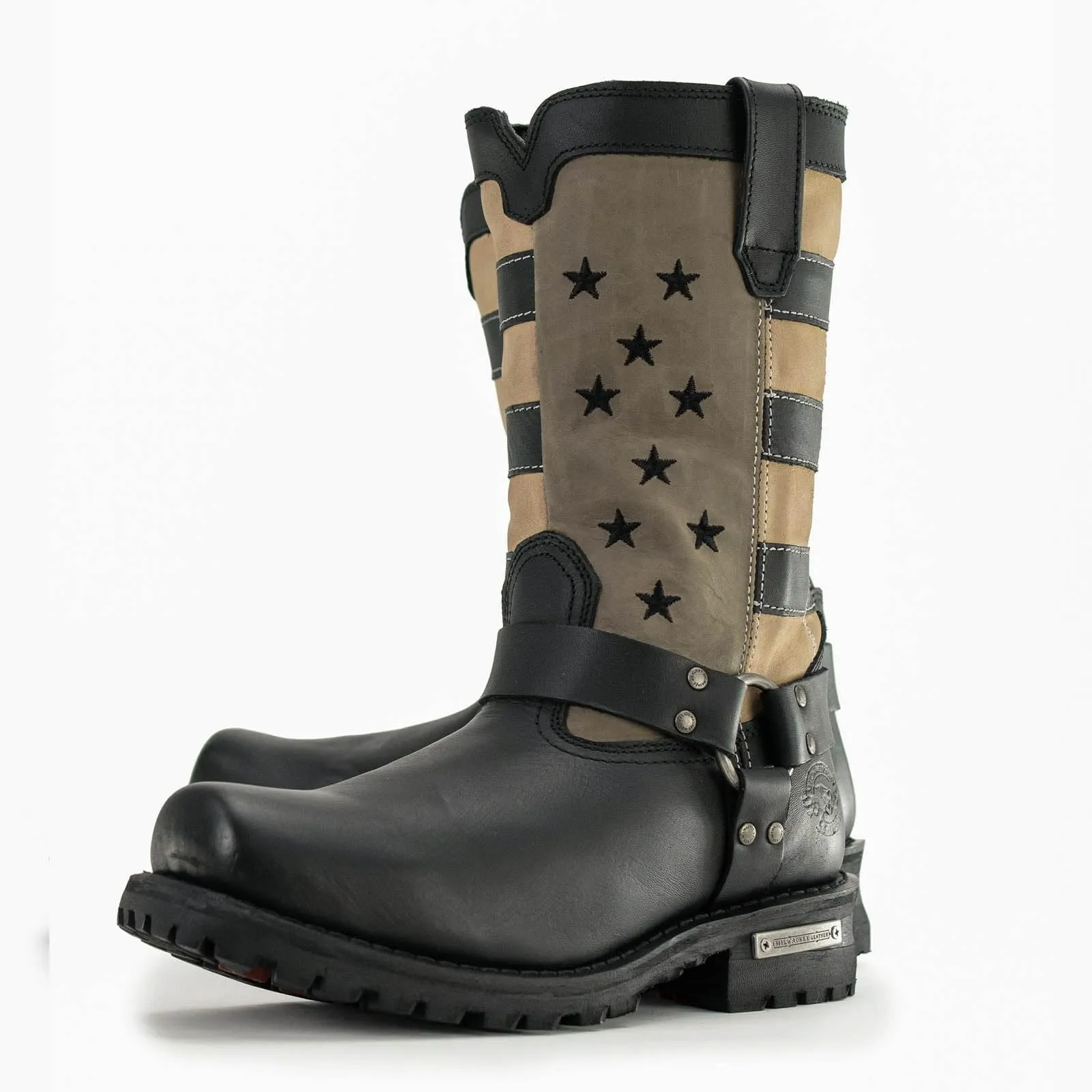 Milwaukee Leather Men's Stars and Stripes Black with Tan Motorcycle Rider Harness Boots