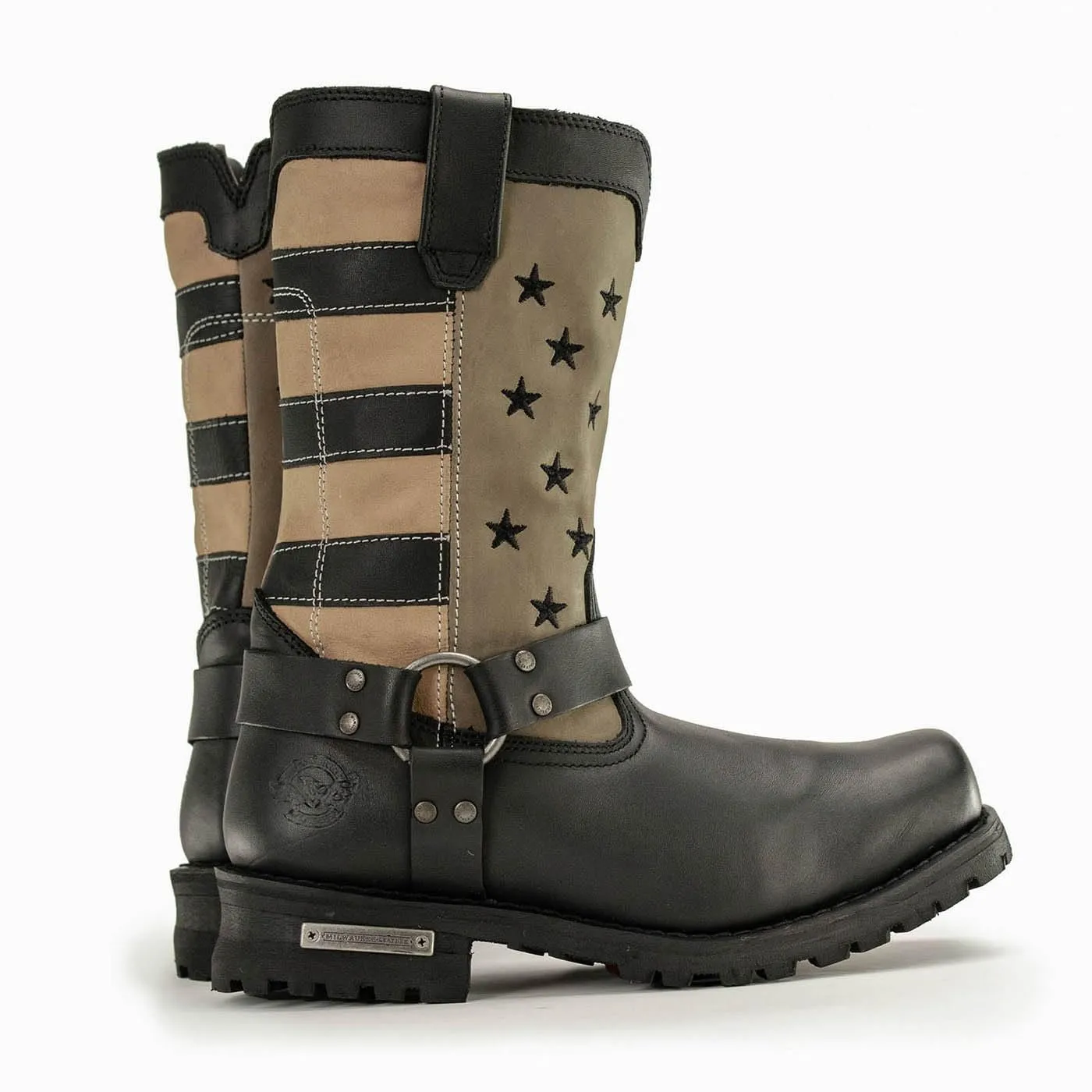 Milwaukee Leather Men's Stars and Stripes Black with Tan Motorcycle Rider Harness Boots