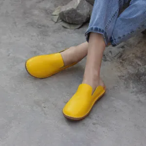 Mori Style Slippers Leather Women Handmade Casual Slip On Shoes Flat Sandals Yellow/Coffee