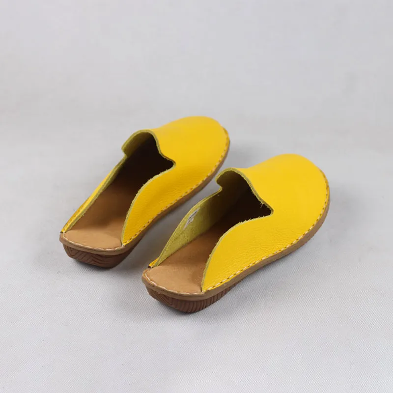 Mori Style Slippers Leather Women Handmade Casual Slip On Shoes Flat Sandals Yellow/Coffee