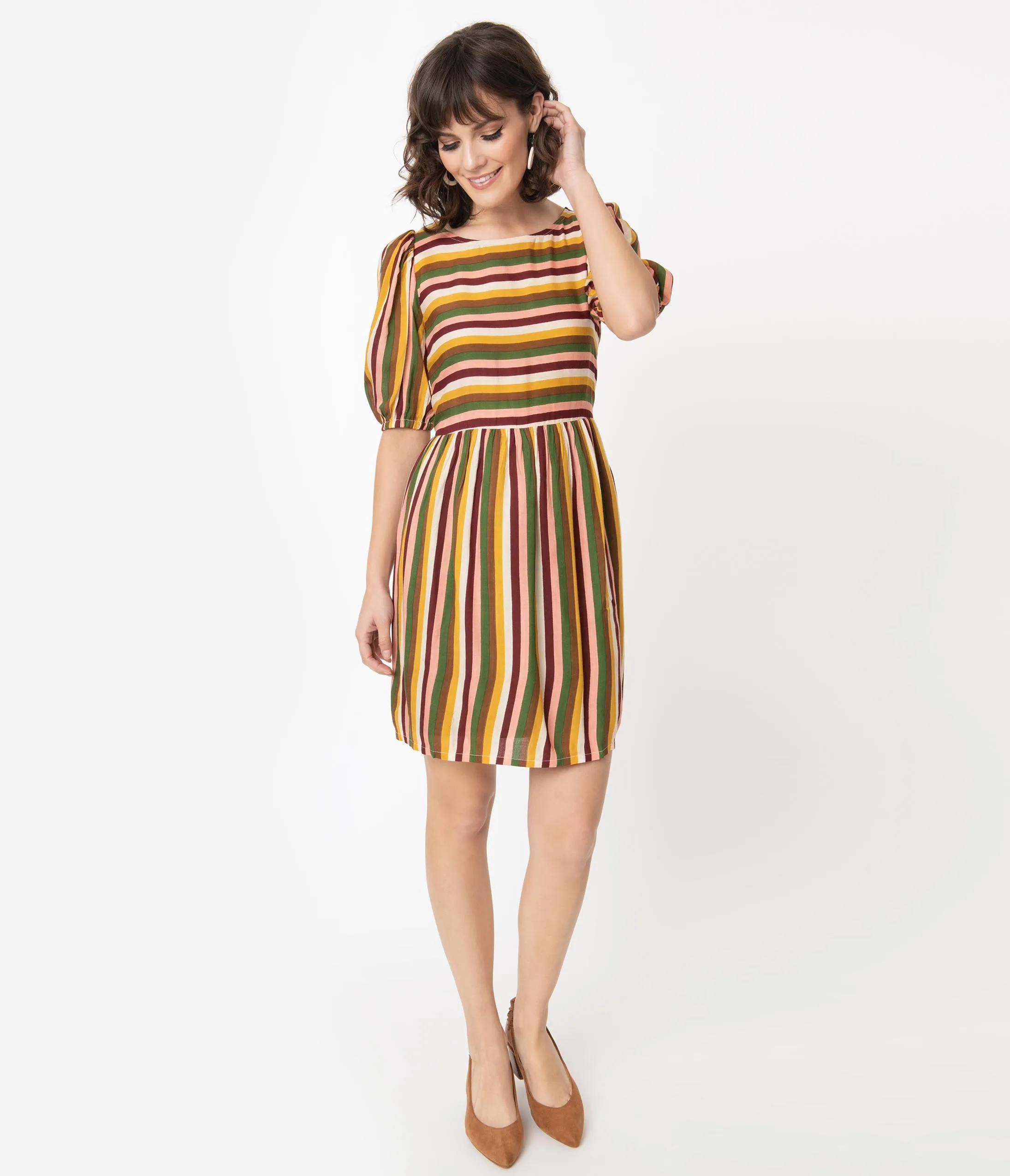 Multicolor Earth Tone Stripe Fit & Flare Dress