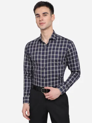 Navy Blue Checked Slim Fit Formal Shirt | JadeBlue