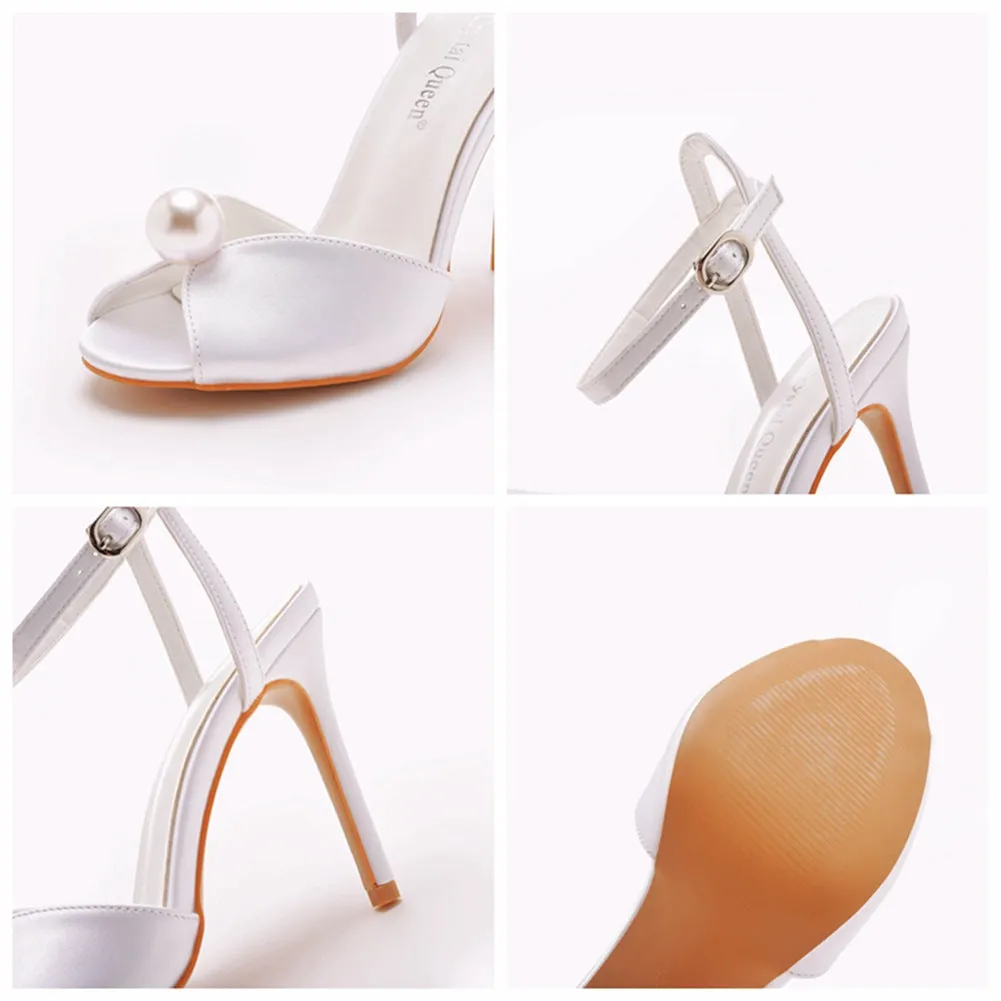 Peep Toe Satin Pearl Ankle Strap Buckle Ultra High Heels