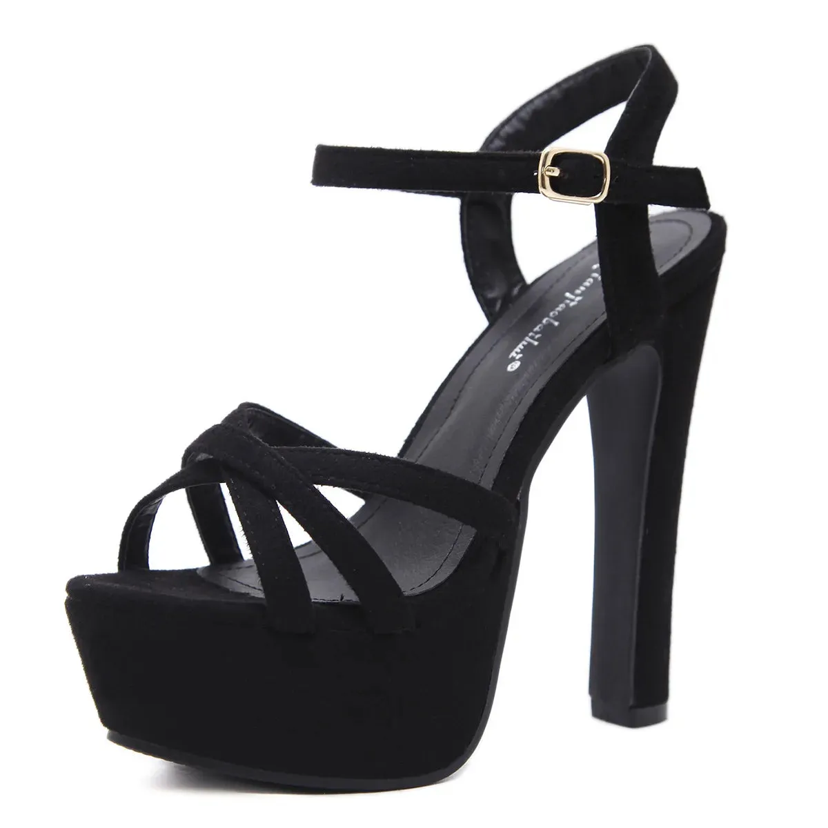 Platform Buckle Strap Flock 14CM Square Heel Fashion Dress Sandals Shoes for Women