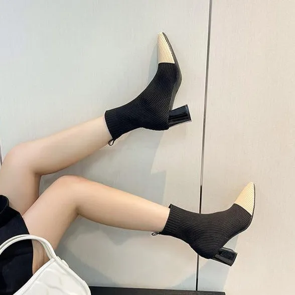 Pointed Toe Chunky Heeled Sock Boots