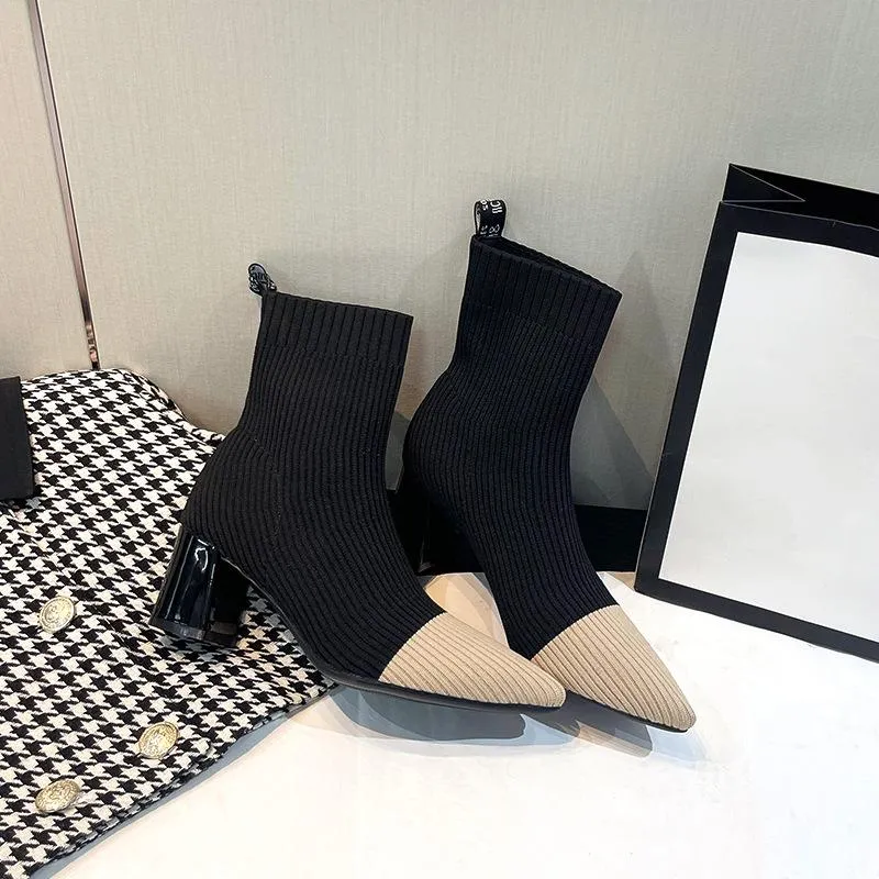 Pointed Toe Chunky Heeled Sock Boots