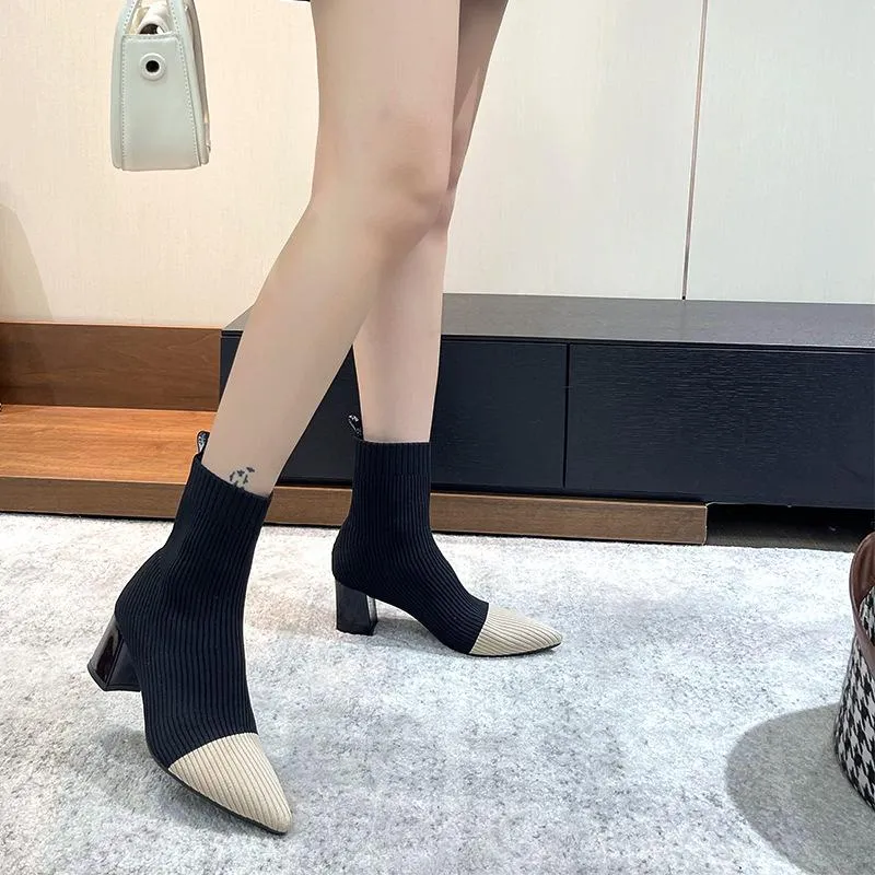 Pointed Toe Chunky Heeled Sock Boots