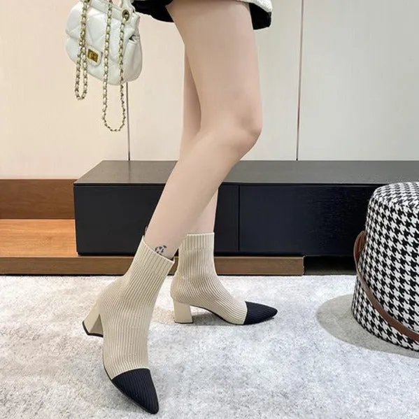 Pointed Toe Chunky Heeled Sock Boots