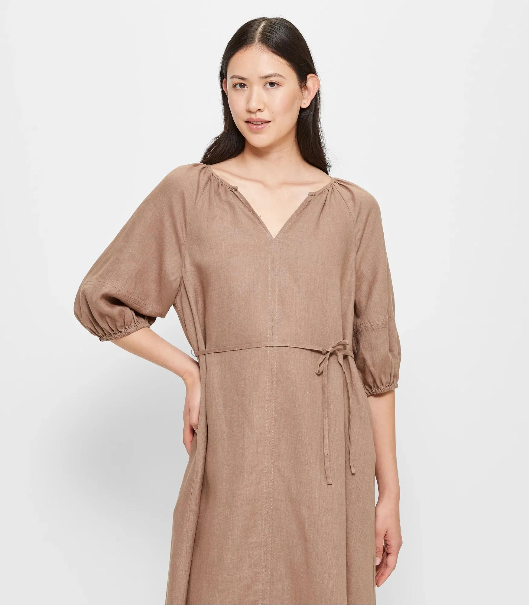 popular  European Linen Raglan Midi Dress - Soft Mocha