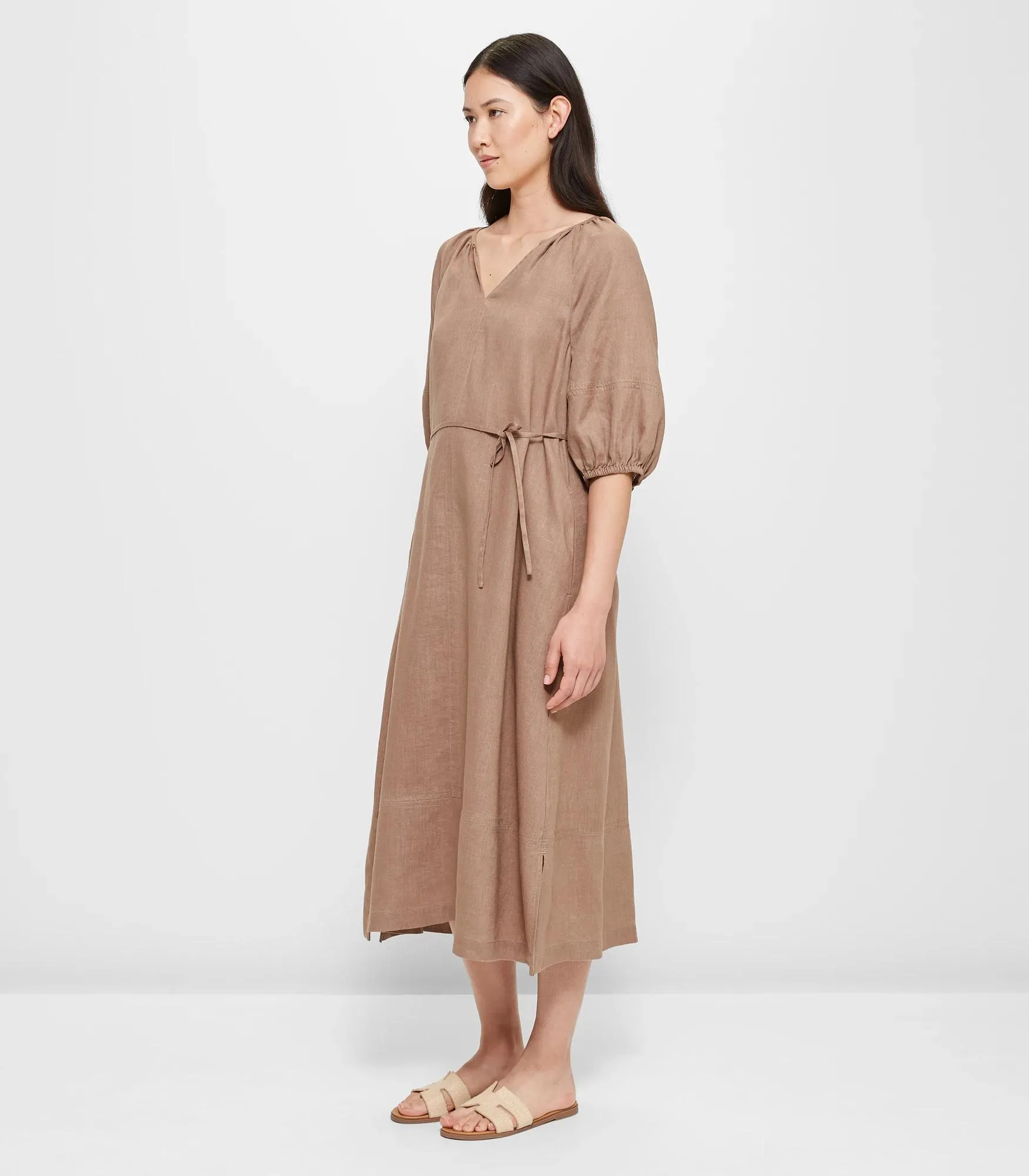 popular  European Linen Raglan Midi Dress - Soft Mocha