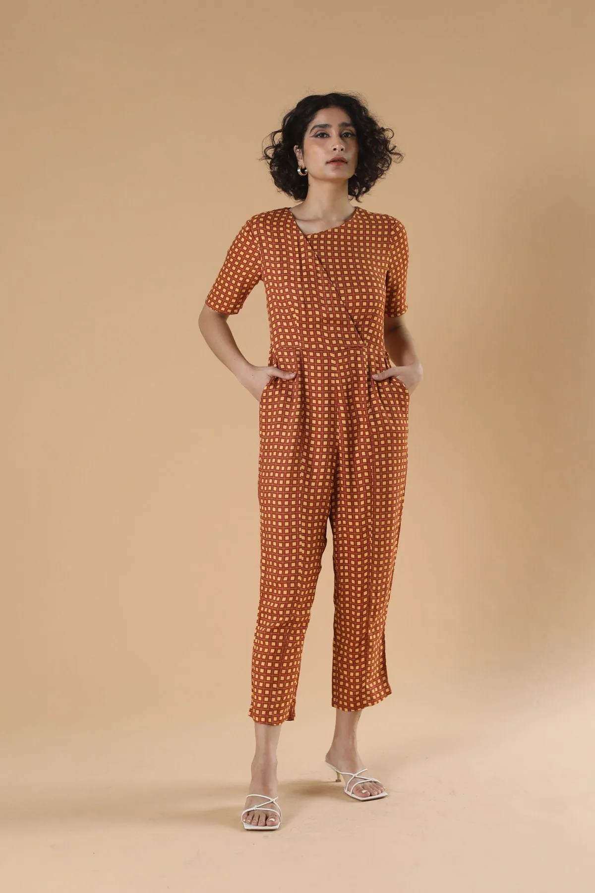 Printed Mustard Yellow office Wear Jumpsuit- Qua