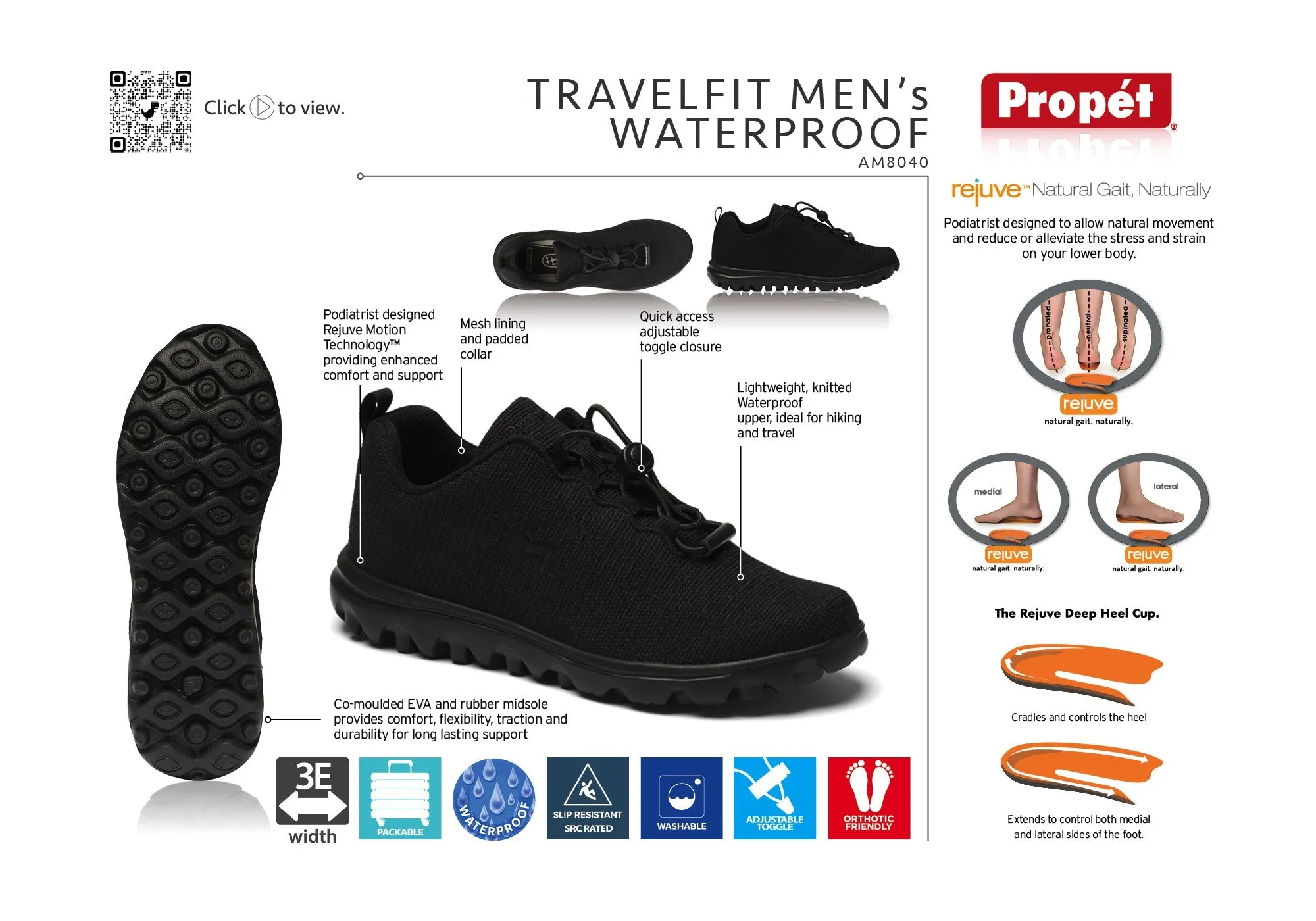 Propet Mens TravelFit Waterproof 3E Extra Wide Comfortable Shoes