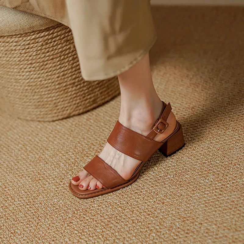 Retro Sheepskin Block Heel Sandals in Beige/Brown