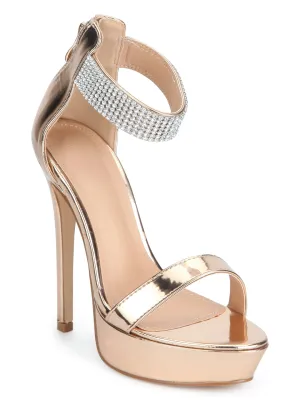 Rosegold Diamante Ankle Strap Platform Stilettos