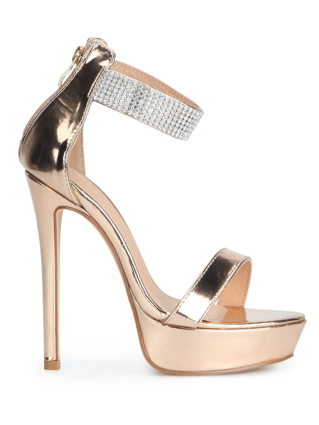 Rosegold Diamante Ankle Strap Platform Stilettos