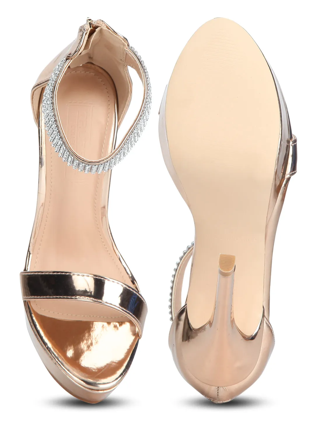 Rosegold Diamante Ankle Strap Platform Stilettos