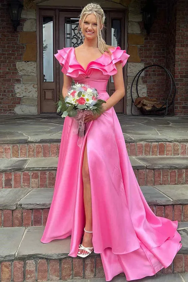 Silky Satin V Neck Ruffles Hot Pink Prom Dresses Formal Dresses PSK542