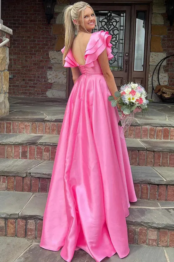 Silky Satin V Neck Ruffles Hot Pink Prom Dresses Formal Dresses PSK542