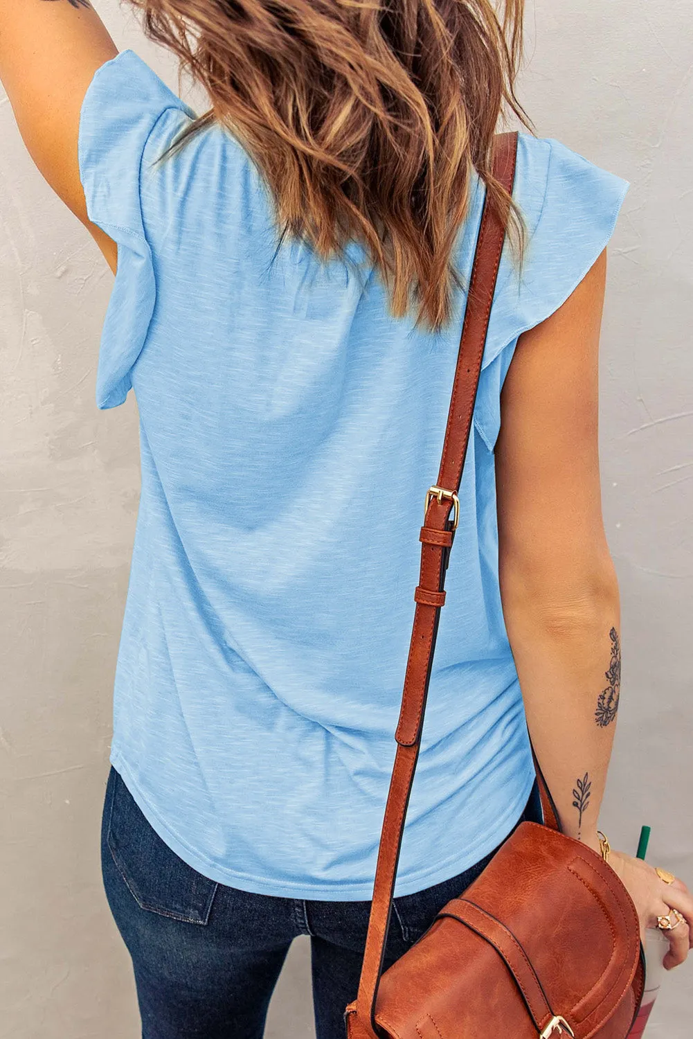 Sky Blue Butterfly Sleeve V Neck Top