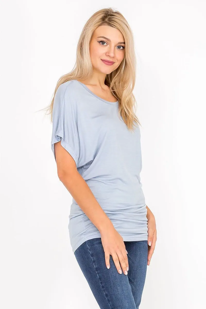 Soft Knit Boat Neck Short Sleeve Dolman Tunic Top