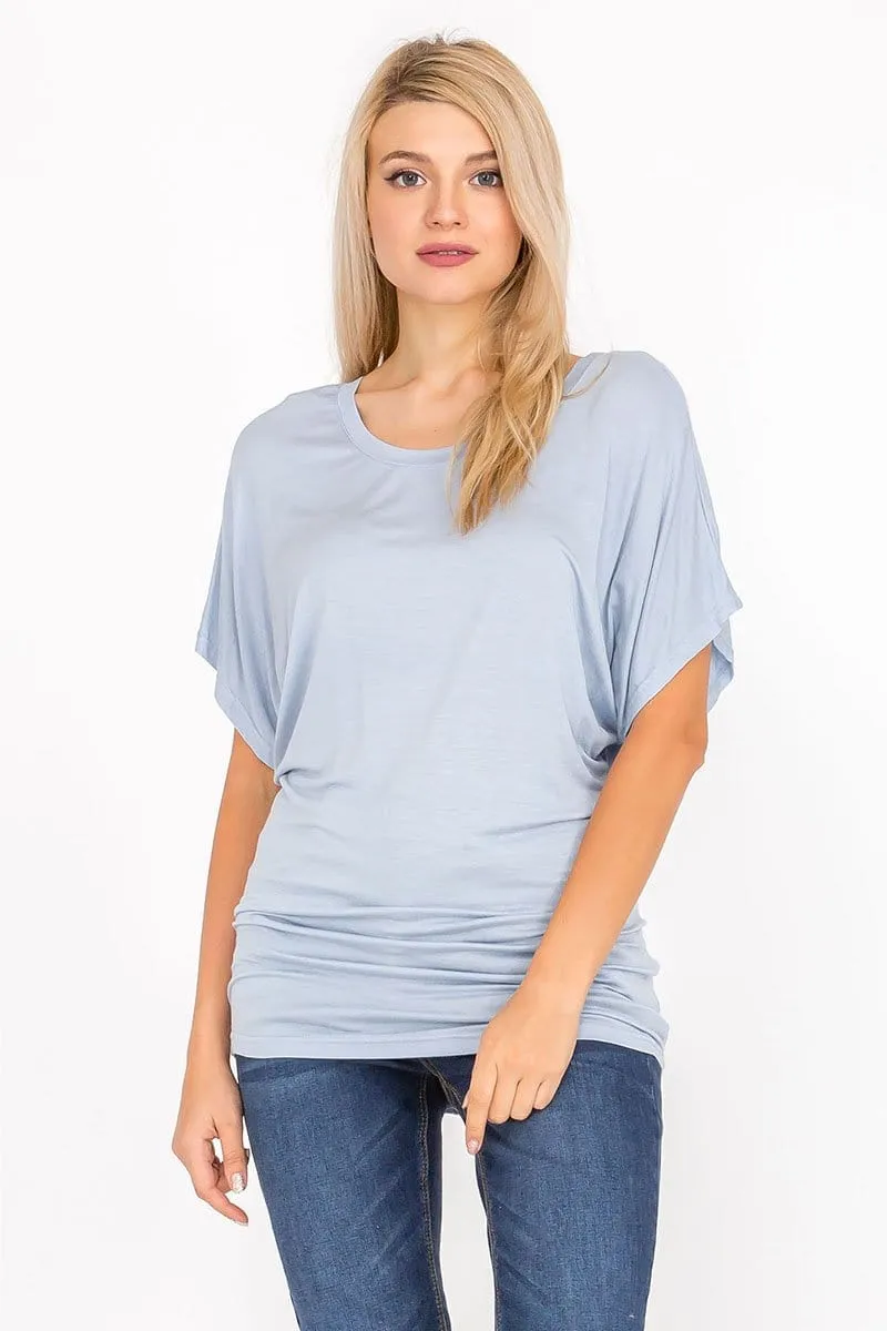 Soft Knit Boat Neck Short Sleeve Dolman Tunic Top