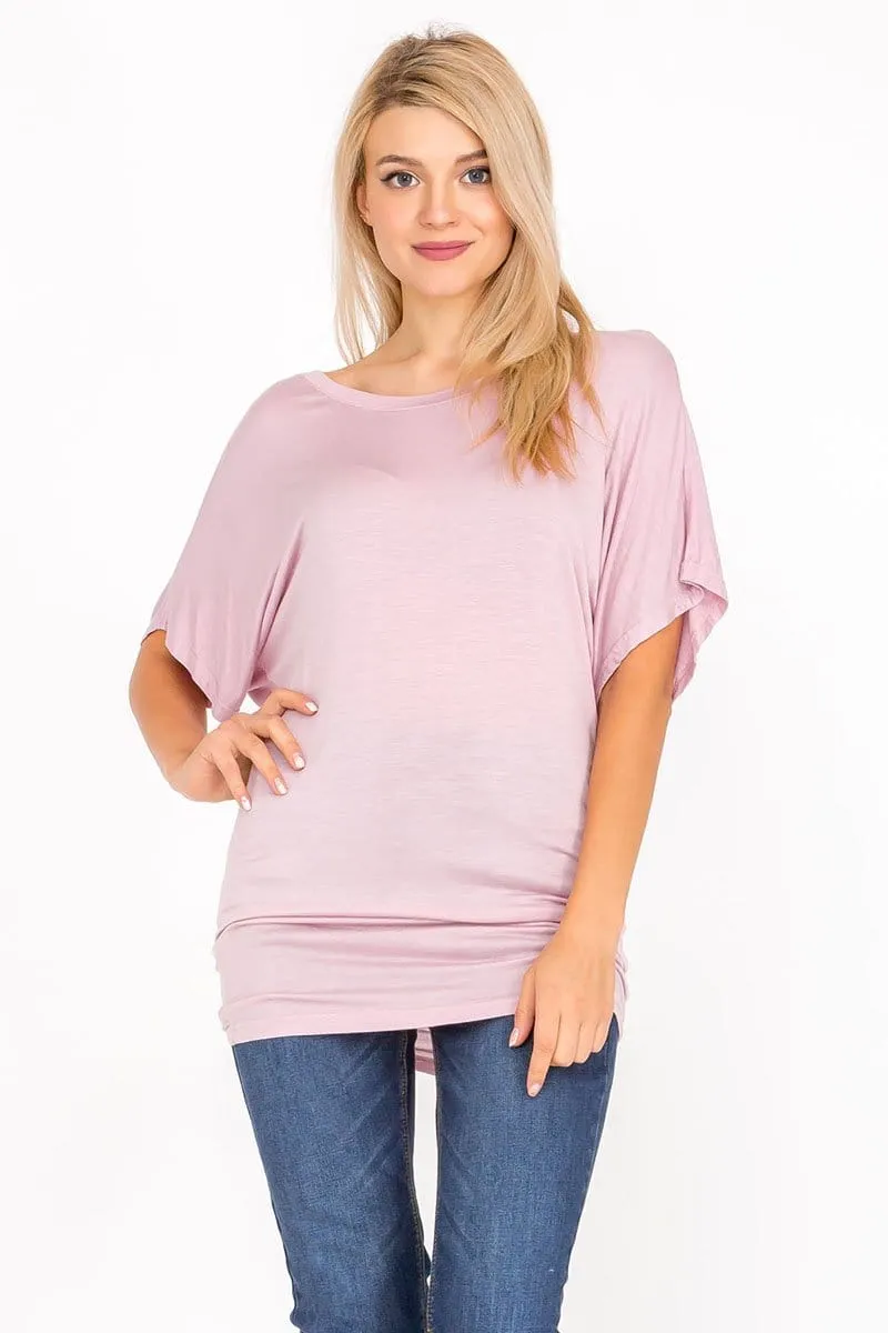 Soft Knit Boat Neck Short Sleeve Dolman Tunic Top