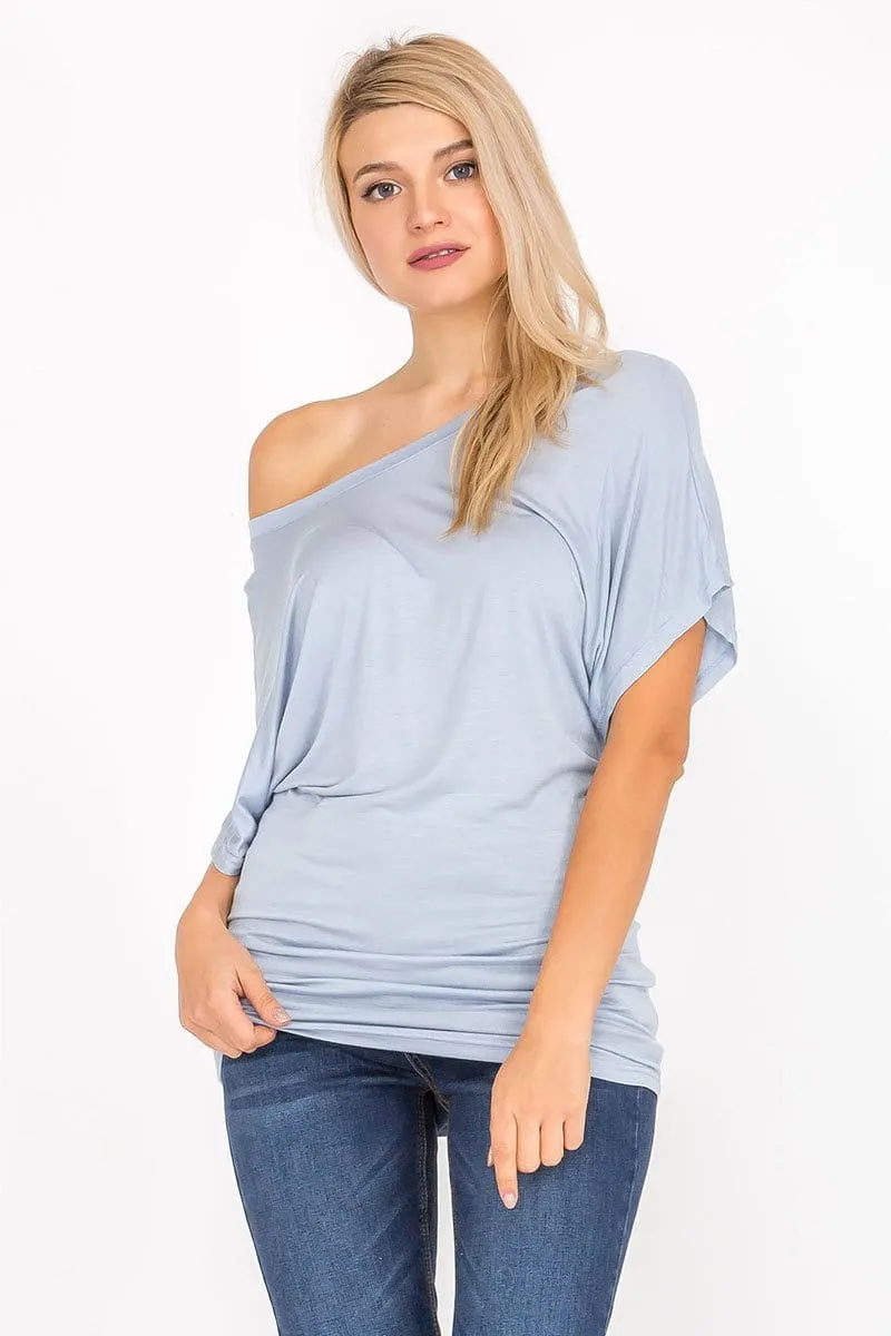 Soft Knit Boat Neck Short Sleeve Dolman Tunic Top