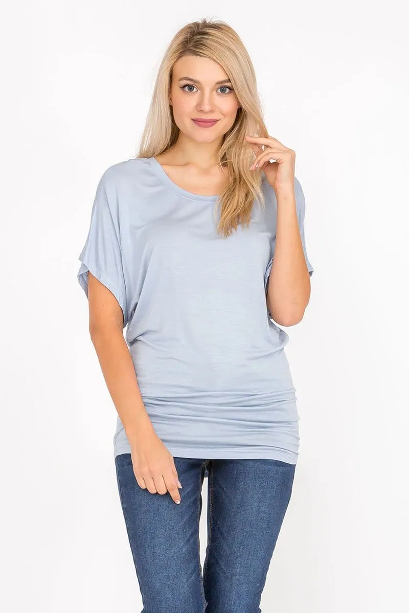 Soft Knit Boat Neck Short Sleeve Dolman Tunic Top