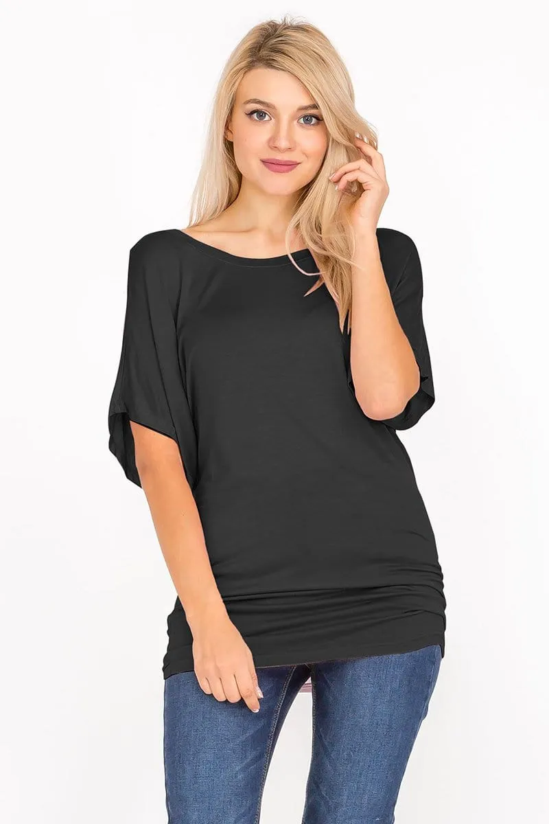 Soft Knit Boat Neck Short Sleeve Dolman Tunic Top