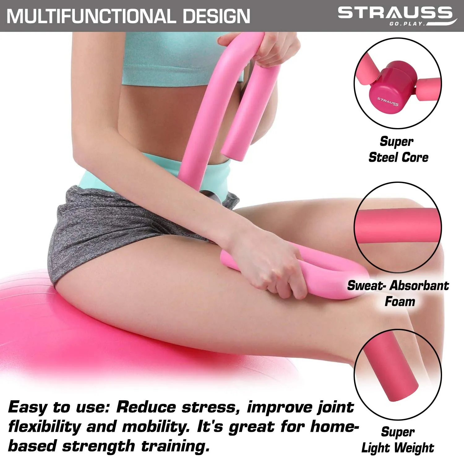 Strauss Thigh Exerciser | Multifunction Thigh Workout Reducer | Exercise Equipment Foam and Steel Equipment for Home Gym | Thigh Master For Inner Thigh Exercise | Hip and Pelvis Trainer for Women,(Pink)